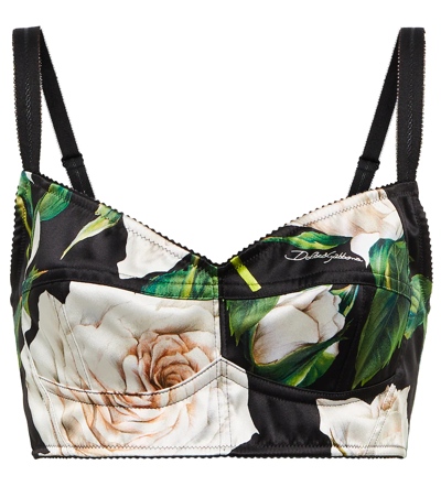 Dolce & Gabbana Satin Top With White Rose Print In Bianco Nero
