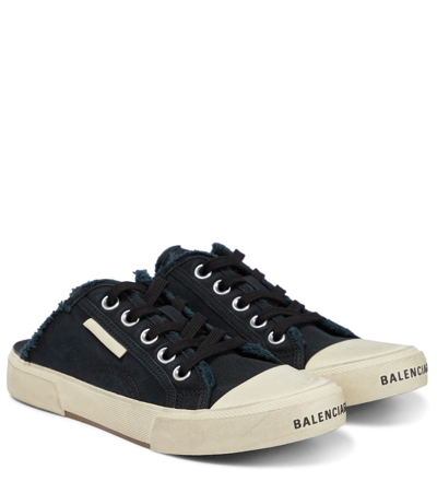 Balenciaga Paris Distressed Open-back Sneakers In Black/white