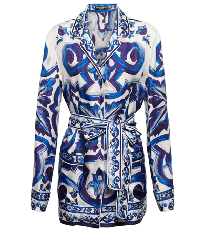 Dolce & Gabbana Printed Silk Belted Shirt In Tris_maioliche_blu