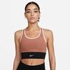 Nike Women's Dri-fit Swoosh -support One-piece Padded Longline Sports Bra In Mineral Clay/black/atmosphere/atmosphere