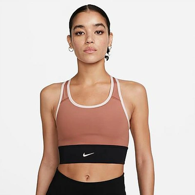 Nike Women's Dri-fit Swoosh -support One-piece Padded Longline Sports Bra In Mineral Clay/black/atmosphere/atmosphere