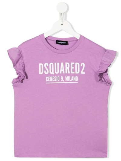 Dsquared2 Kids' Ruffled-sleeves Logo T-shirt In Purple