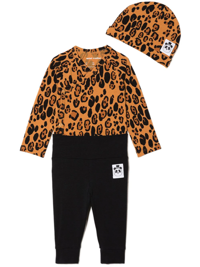 Mini Rodini Babies' Complete With Three-piece Black / Brown Organic Cotton Decoration With Leopard Print In Multicolor