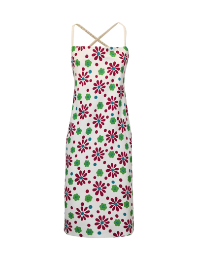 Saint Laurent Midi Dress With All-over Floral Pattern In Bianco