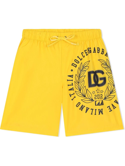 Dolce & Gabbana Kids' Nylon Swim Trunks With Dg Laurel Logo In Yellow