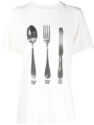 Mm6 Maison Margiela Cutlery Graphic-print Relaxed-fit Cotton T-shirt In White