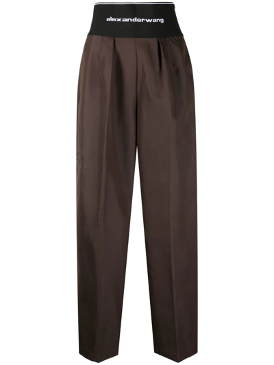 Alexander Wang Logo-waistband Wide-leg Trousers In Braun