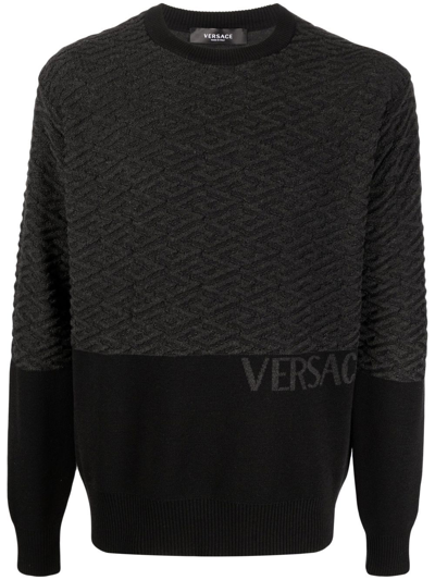Versace Greca-jacquard Wool-blend Sweater In Black