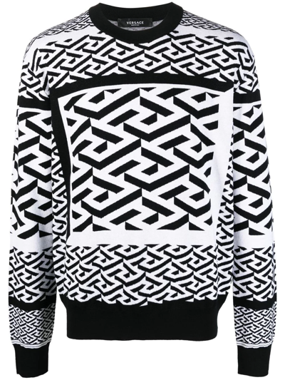Versace Greca Motif Knitted Sweater - Men's - Cotton/wool In Black