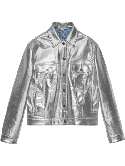 Gucci Reversible Gg Metallic Denim Jacket In Silver