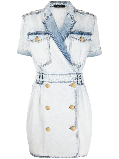 Balmain Double-breasted Denim Dress In Blue