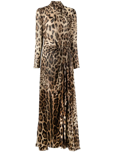 Dolce & Gabbana Leopard-print Bow Front Thigh-slit Silk Georgette Gown In Brown
