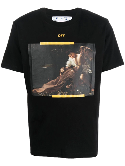 Off-white Off White Mans Black Cotton T-shirt With Arrow Caravaggio Print