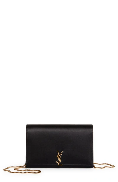 Saint Laurent Glossy Satin Wallet On A Chain In Nero