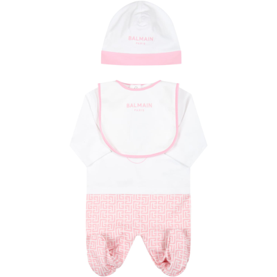 Balmain White Set For Baby Girl With Pink Logo In Multicolor