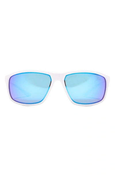 Nike Adrenaline 66mm Oversize Rectangle Sport Wrap Sunglasses In White/ Grey/ Blue Mirror