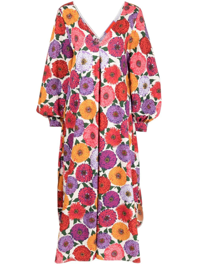 La Doublej Bali Floral-print Blouson-sleeve Midi Dress In Multicoloured