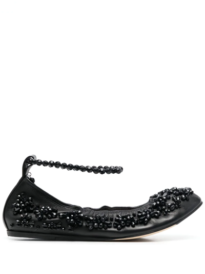 Womens Shoes Flats and flat shoes Ballet flats and ballerina shoes Simone Rocha Blue Beaded Strap Leather Ballerina Pumps in Black 