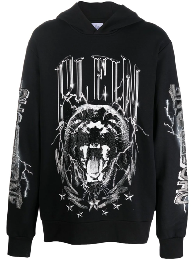 Philipp Plein Man Black Hoodie With Graphic Print In 0202