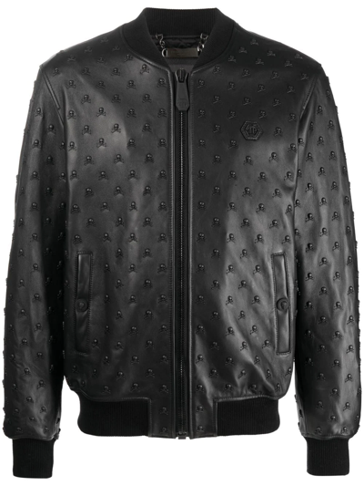 Philipp Plein Leather Bomber Jacket In Black