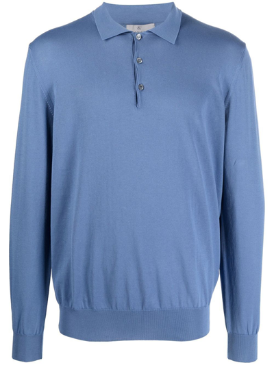 Canali Fine-knit Long-sleeve Polo Shirt In Blau