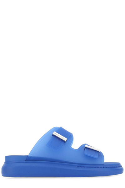 Alexander Mcqueen Men's Double Band Rubber Slides In Lake Blue Silver