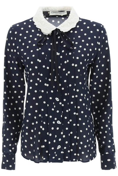 Alessandra Rich Macramé Lace-trimmed Pleated Polka-dot Silk Crepe De Chine Blouse In Blue