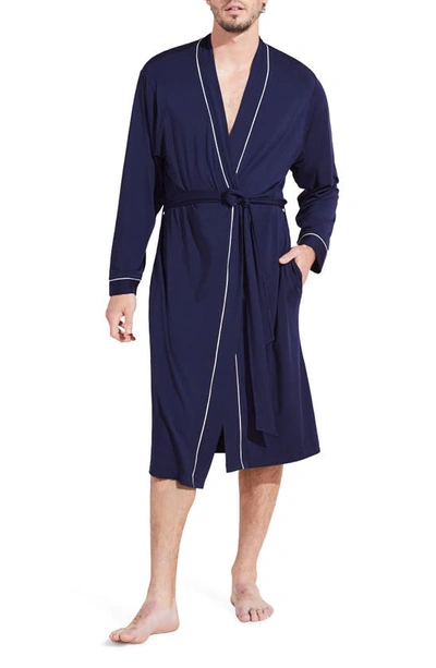 Eberjey William Lightweight Jersey Knit Dressing Gown In True Navy Ivory