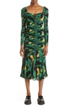 Ganni Palm Print Long Sleeve Gathered Jersey Dress In Black