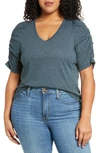 Wit & Wisdom Ruched Sleeve Top In Htat-heather Arctic Teal
