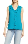 Vince Camuto Ruffle Neck Sleeveless Georgette Blouse In Teal Waters