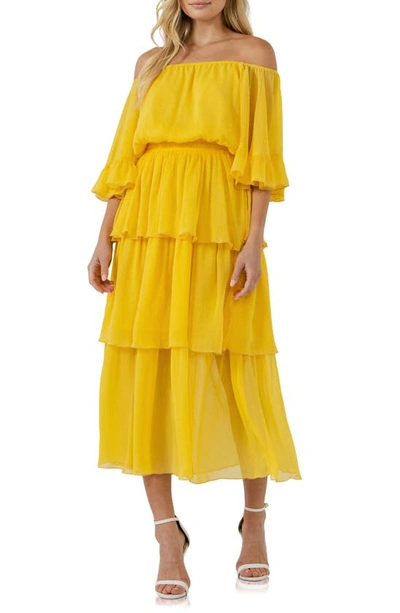 Endless Rose Off The Shoulder Tiered Chiffon Dress In Yellow