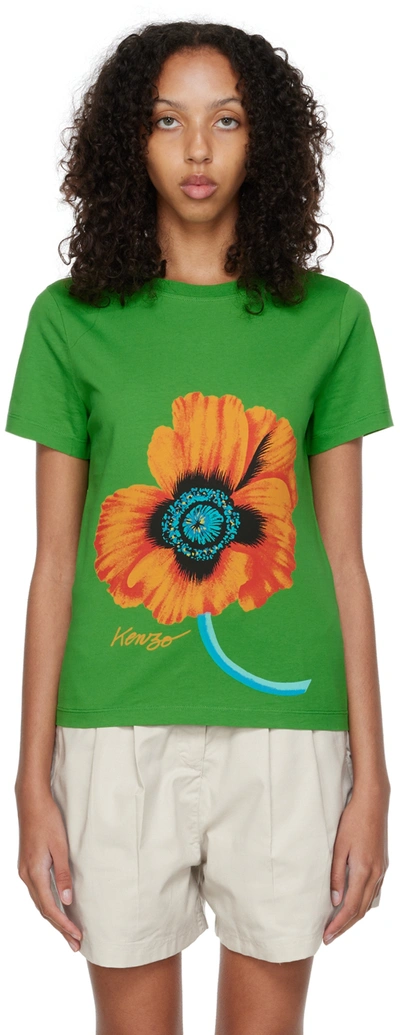 Kenzo Poppy-print Cotton T-shirt In Grass Green