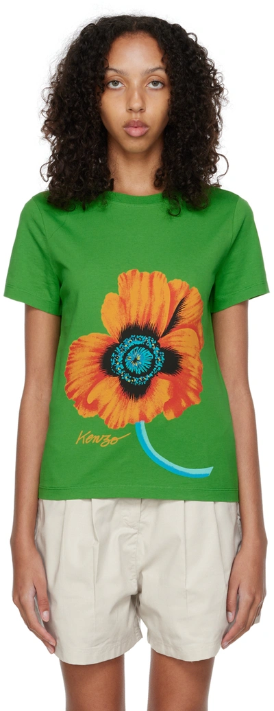 Kenzo Poppy-print Cotton T-shirt In Green