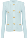 BALMAIN LIGHT BLUE CARDIGAN WITH BUTTON AND PADDED SHOULDERS
