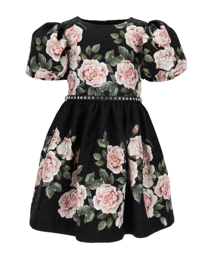 Monnalisa Brocade Dress With Roses In Black