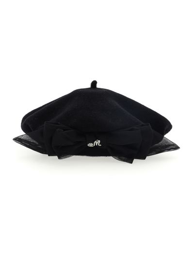Monnalisa Boiled Wool Beret With Bow In Black