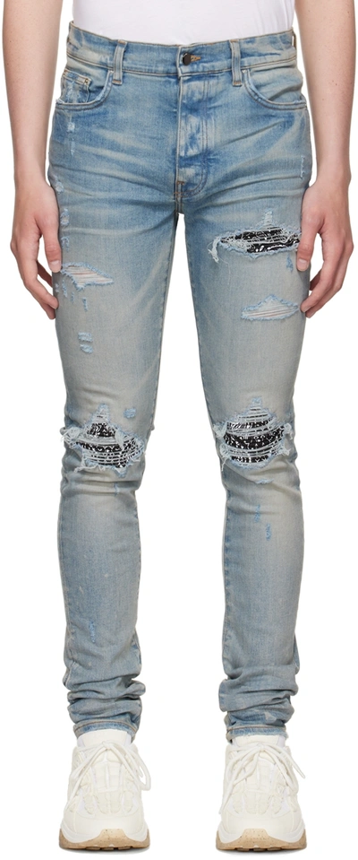 Amiri Mx1 Skinny-fit Leather-panelled Distressed Jeans In Denim