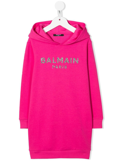 Balmain Kids' Logo棉质帽衫式连衣裙 In Pink