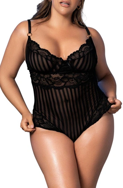 Mapalé Floral & Stripe Lace Bodysuit In Black