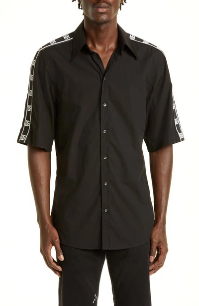 Dolce & Gabbana Martini Fit Logo Tape Short Sleeve Button-up Shirt In Black