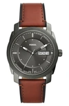 FOSSIL MACHINE LEATHER STRAP WATCH, 42MM