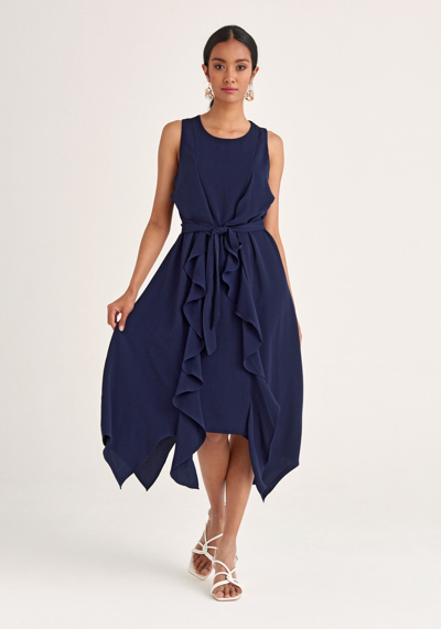 Paisie Frilled Belted Dress In Blue