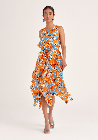 Paisie Frilled Belted Dress In Orange,floral
