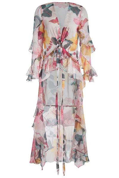 Patbo Hibiscus Belted Floral-print Crepon Robe In Vanilla