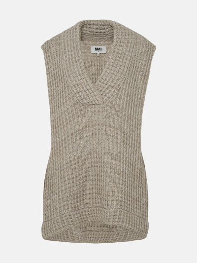 Mm6 Maison Margiela Oversized Waffle Knit Cotton Blend Waistcoat In Beige