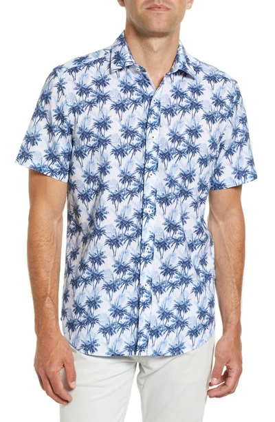 Bugatchi Palm Print Short Sleeve Cotton & Linen Button-up Shirt In Riviera