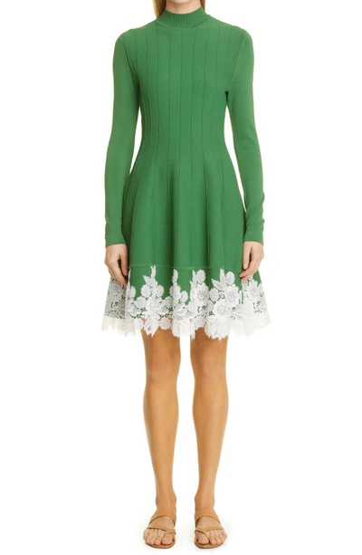 Lela Rose Lace Trim Fit & Flare Knit Dress In Kelly Green
