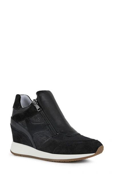 Geox Nydame Mixed Leather Wedge Sneakers In Blk Oxford