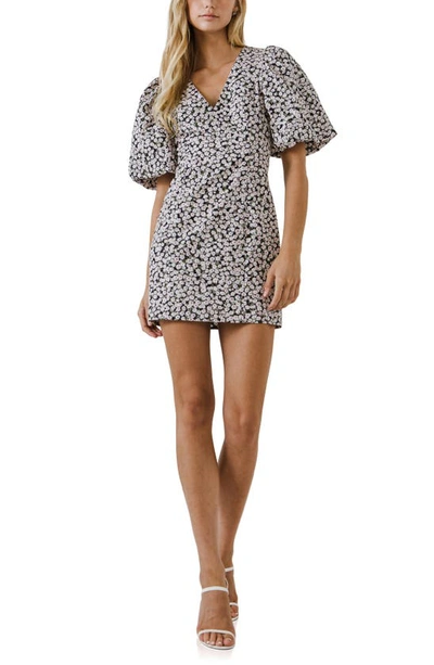 Free The Roses Embroidered Floral Print Puff Sleeve Minidress In Black